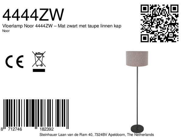 Vloerlamp noor 4444zw – mat zwart met taupe linnen kap