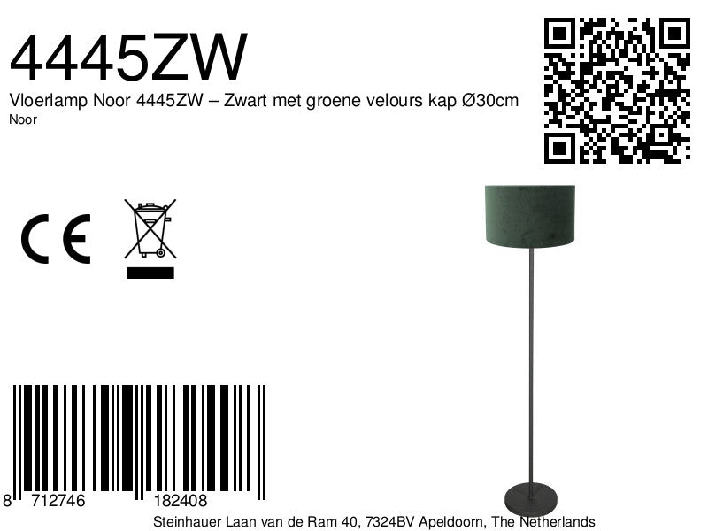 Vloerlamp noor 4445zw – zwart met groene velours kap ø30cm