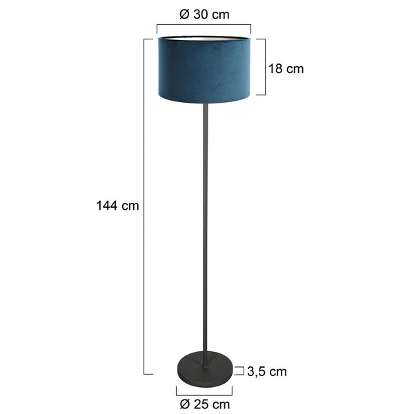 Vloerlamp noor 4446zw – mat zwart met blauwe velours kap