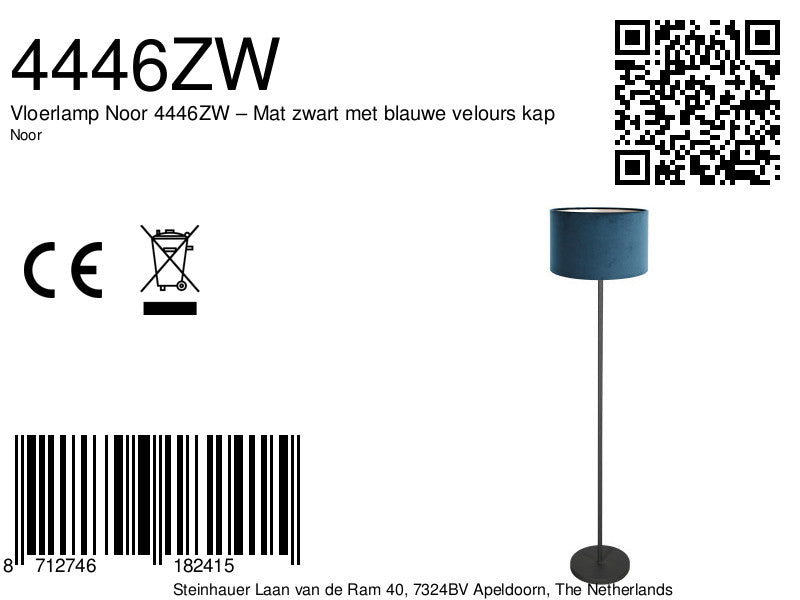 Vloerlamp noor 4446zw – mat zwart met blauwe velours kap