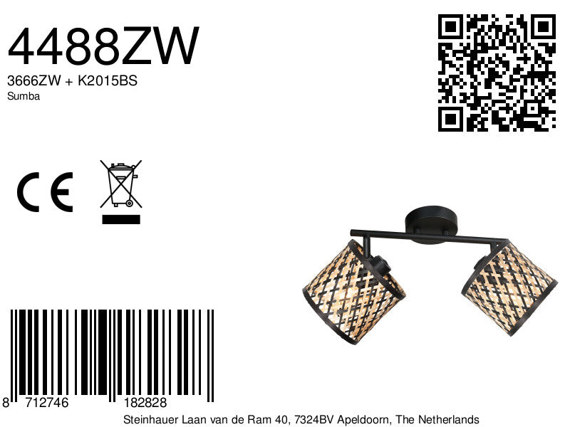 Wand-/plafondlamp sumba 4488zw – 2-lichts bamboe cilinder kapjes