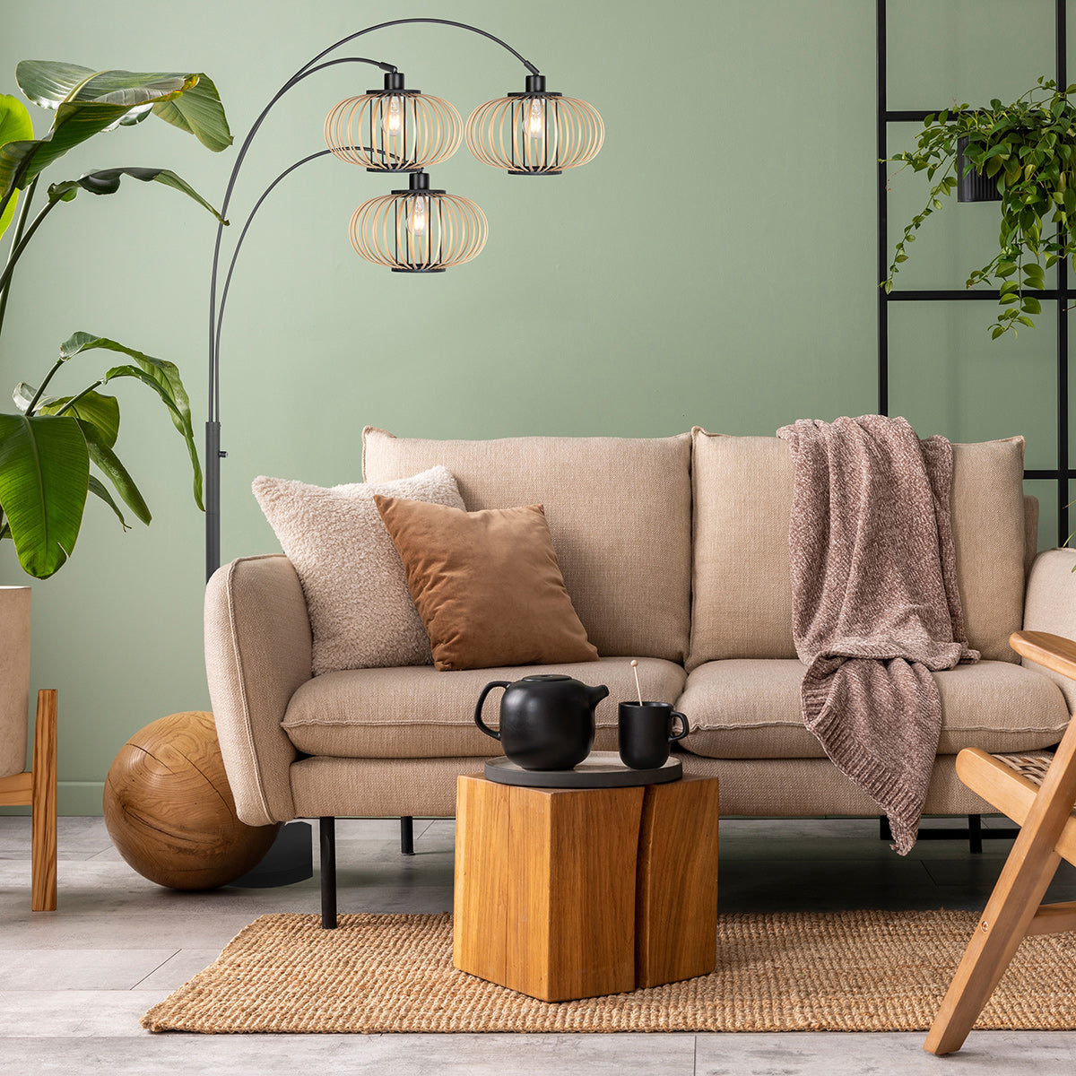3-lichts vloerlamp sparkled light 4495zw met open crème bamboe kappen