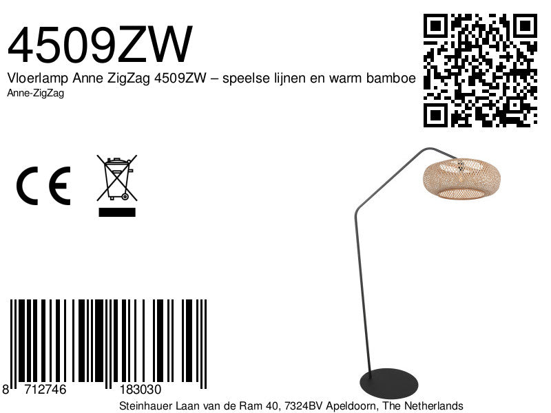 Zwarte vloerlamp zig-zag 4509zw – speelse lijnen en warm bamboe