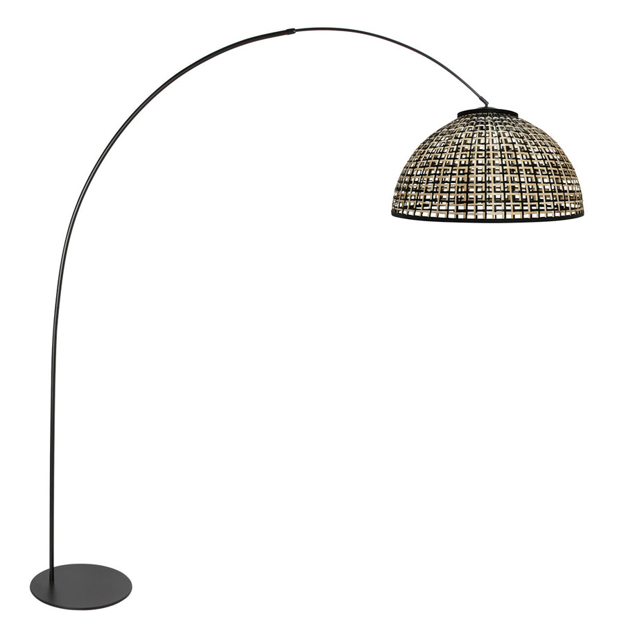 Vloerlamp curve 4517zw - zwarte booglamp met gevlochten bamboe kap