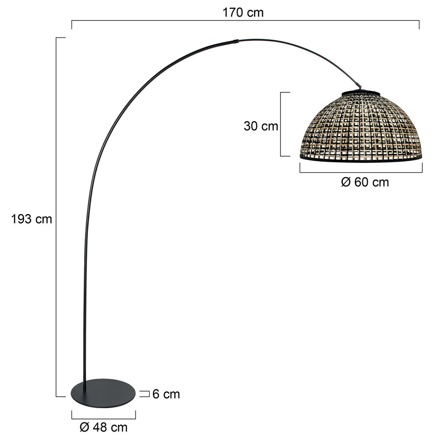 Vloerlamp curve 4517zw - zwarte booglamp met gevlochten bamboe kap