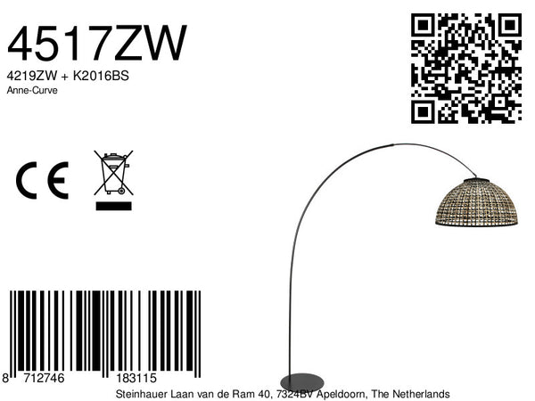 Vloerlamp curve 4517zw - zwarte booglamp met gevlochten bamboe kap