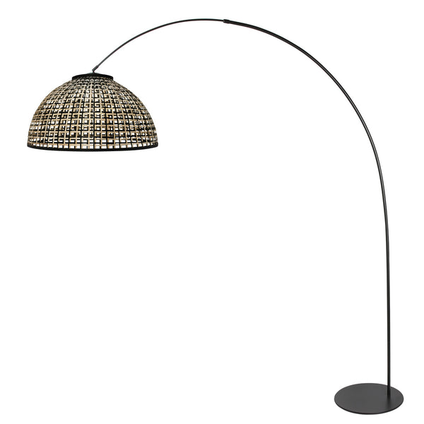Vloerlamp curve 4517zw - zwarte booglamp met gevlochten bamboe kap