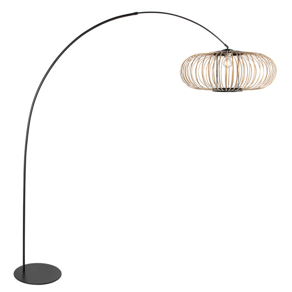 Vloerlamp curve 4518zw - zwarte booglamp met bamboe kap