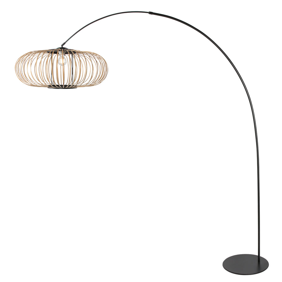 Vloerlamp curve 4518zw - zwarte booglamp met bamboe kap