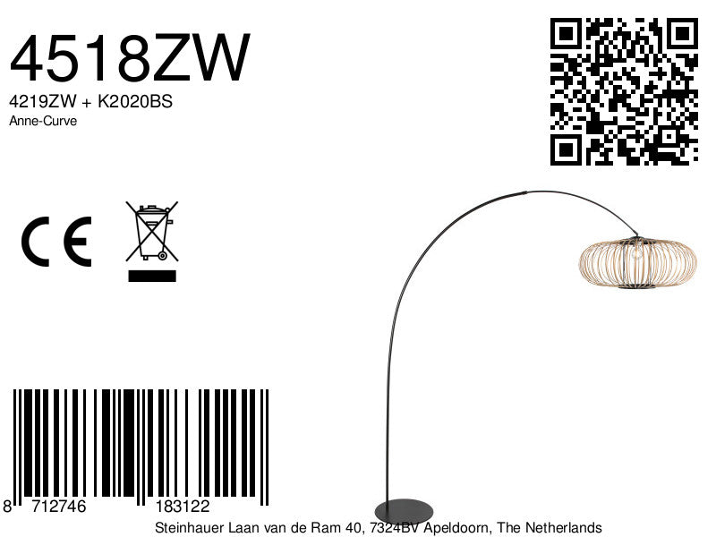 Vloerlamp curve 4518zw - zwarte booglamp met bamboe kap