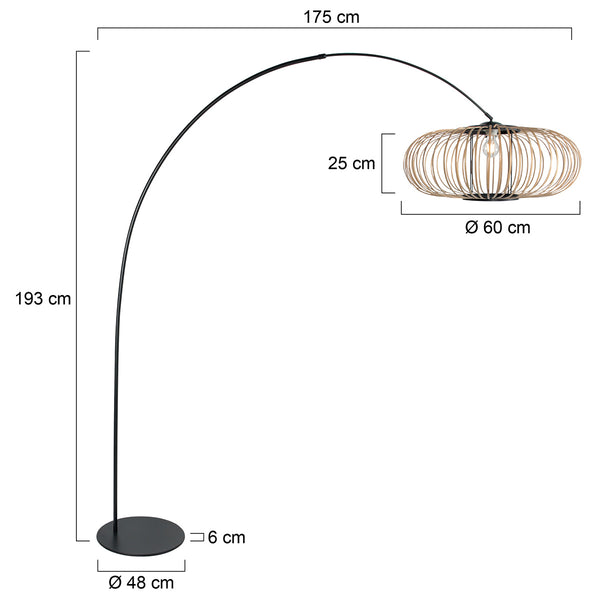 Vloerlamp curve 4518zw - zwarte booglamp met bamboe kap