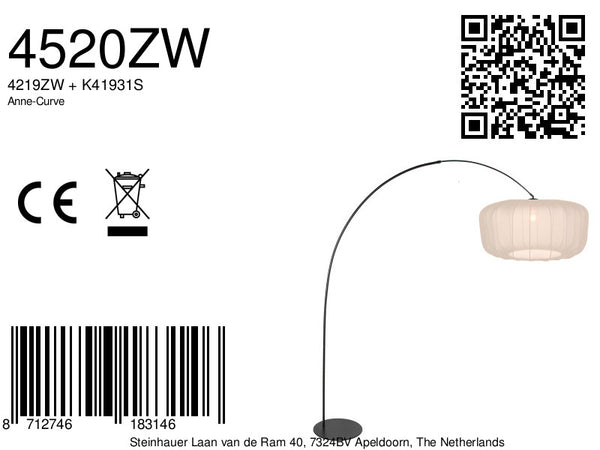 Vloerlamp curve 4520zw - zwarte booglamp met beige textiel kap