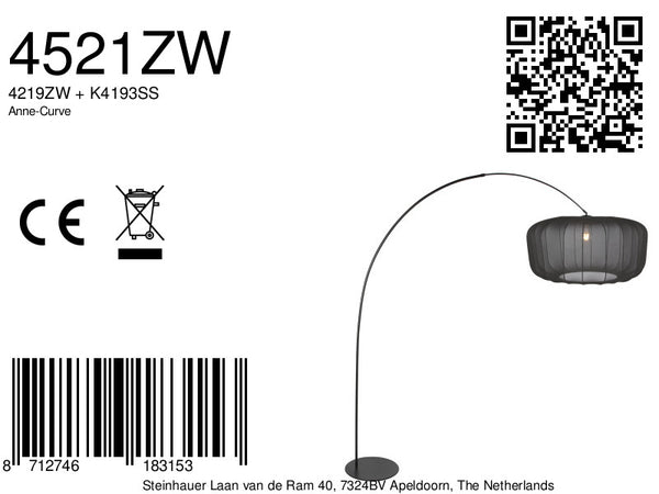 Vloerlamp curve 4521zw - zwarte booglamp met zwart textiel kap
