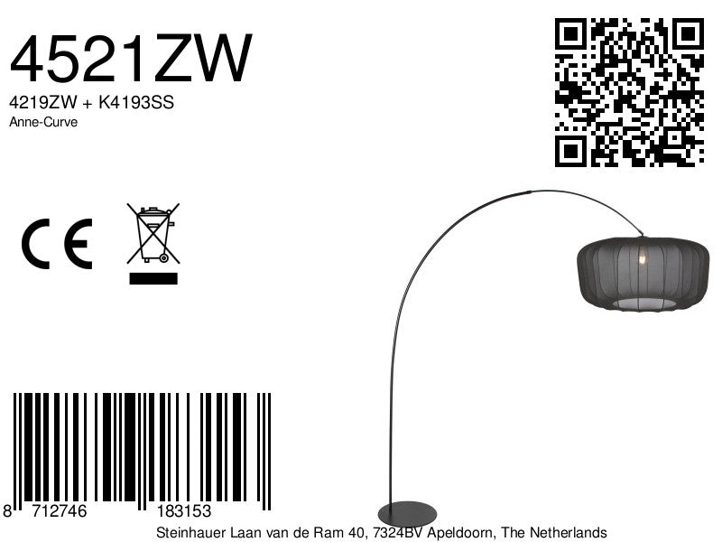 Vloerlamp curve 4521zw - zwarte booglamp met zwart textiel kap