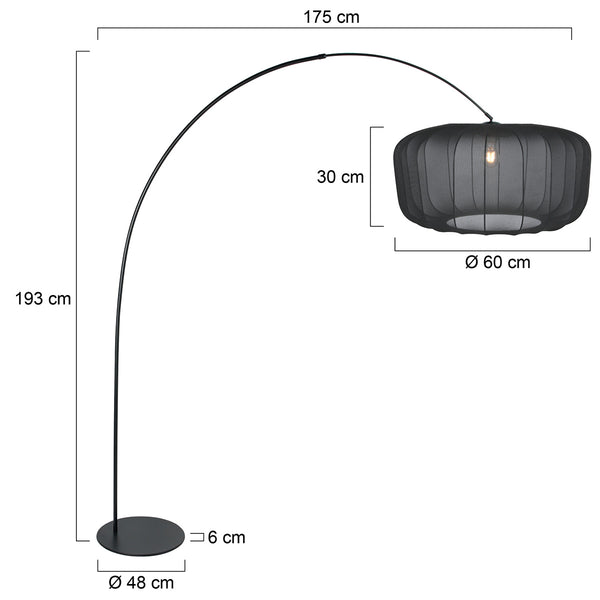 Vloerlamp curve 4521zw - zwarte booglamp met zwart textiel kap