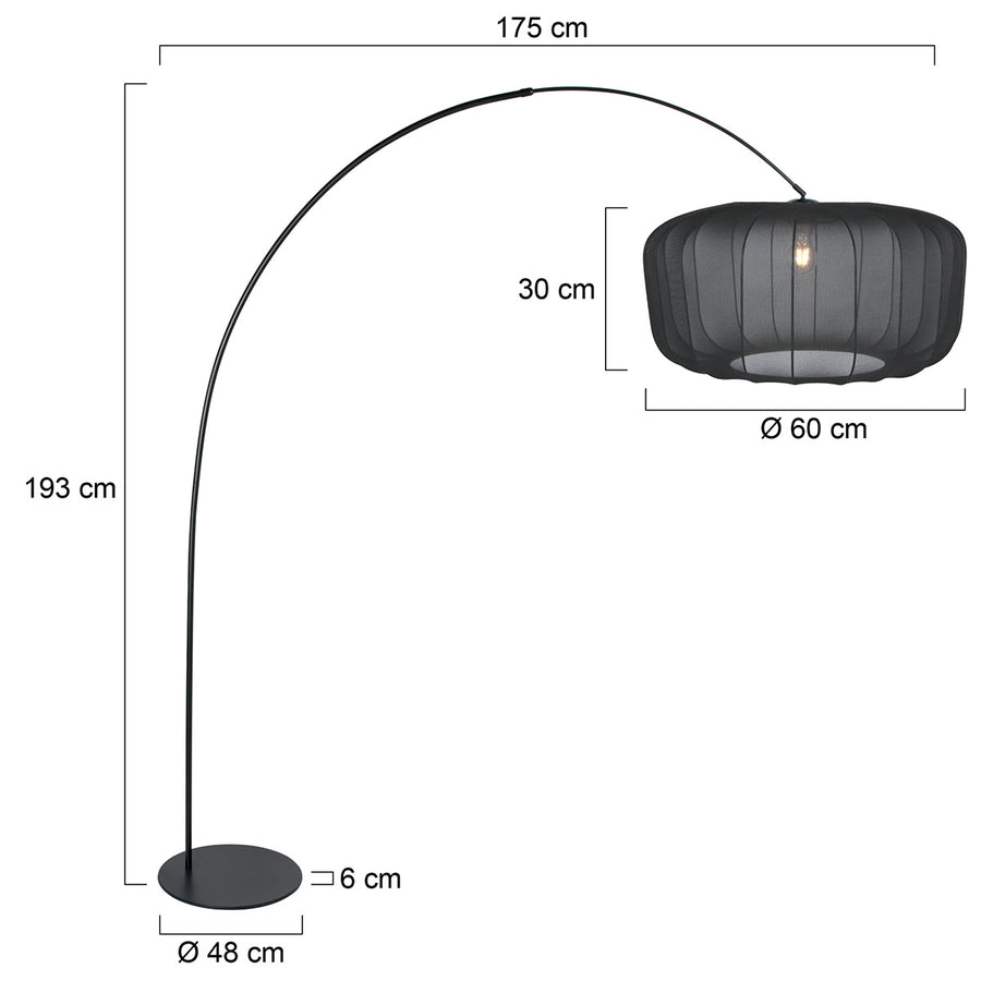 Vloerlamp curve 4521zw - zwarte booglamp met zwart textiel kap