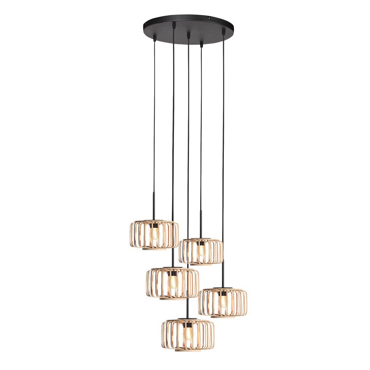 Hanglamp breeza-beach 4522zw zwart met 5 bamboe kappen ø20 cm