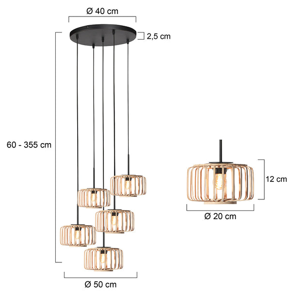 Hanglamp breeza-beach 4522zw zwart met 5 bamboe kappen ø20 cm