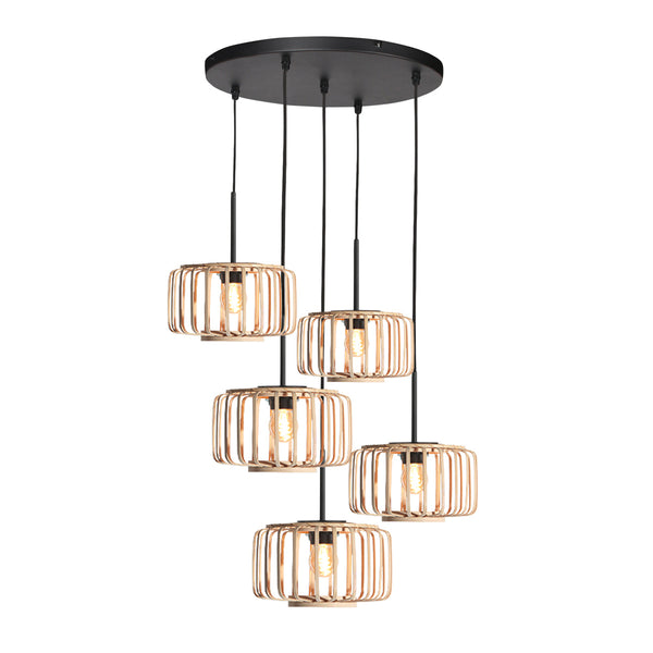 Hanglamp breeza-beach 4522zw zwart met 5 bamboe kappen ø20 cm