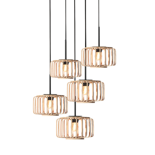 Hanglamp breeza-beach 4522zw zwart met 5 bamboe kappen ø20 cm