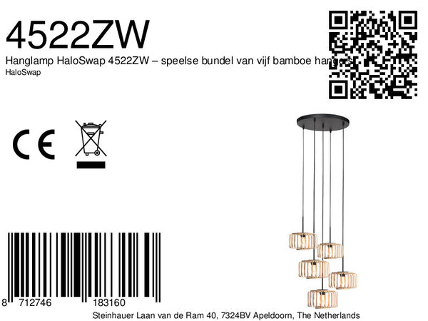 Hanglamp breeza-beach 4522zw zwart met 5 bamboe kappen ø20 cm