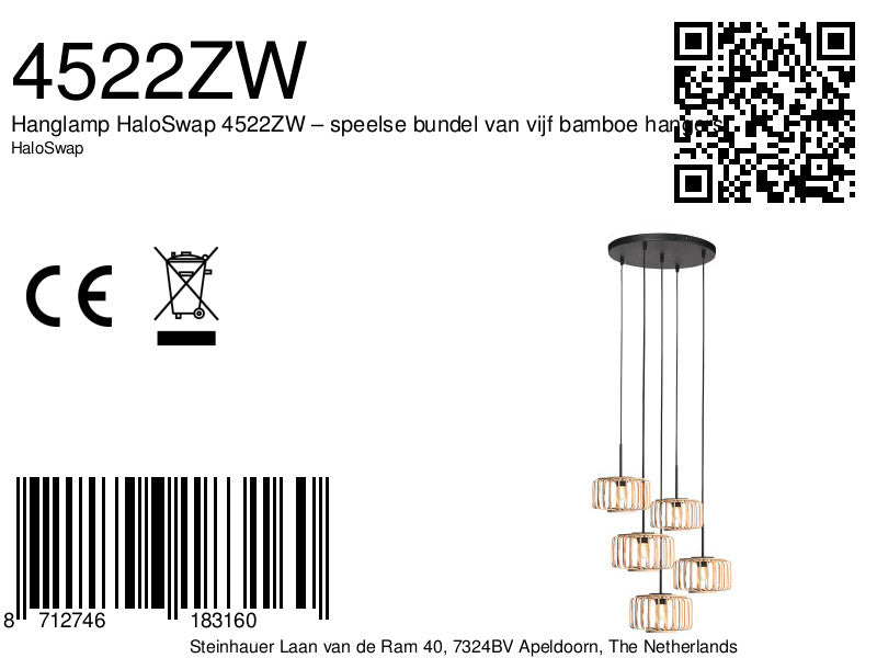 Hanglamp breeza-beach 4522zw zwart met 5 bamboe kappen ø20 cm