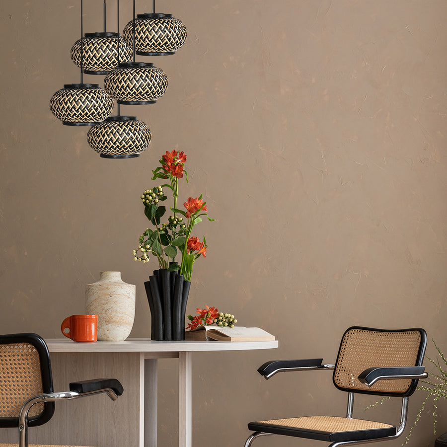 Nox light 4523zw – ronde hanglamp met 5 bamboe kapjes