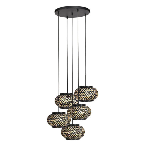 Nox light 4523zw – ronde hanglamp met 5 bamboe kapjes
