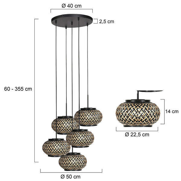 Nox light 4523zw – ronde hanglamp met 5 bamboe kapjes