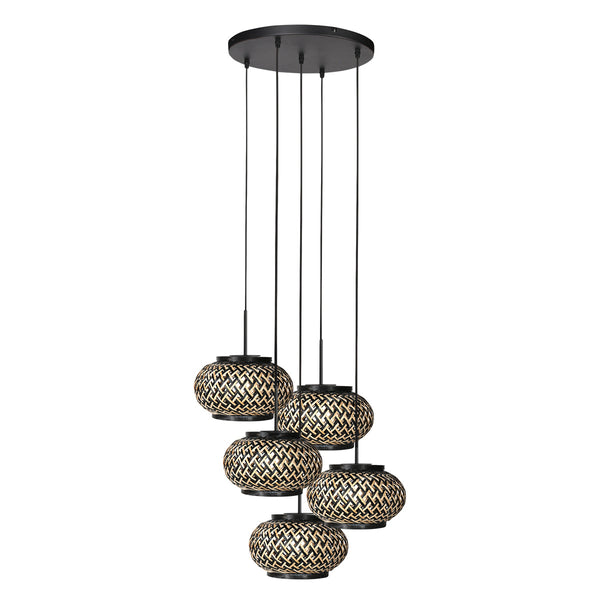 Nox light 4523zw – ronde hanglamp met 5 bamboe kapjes