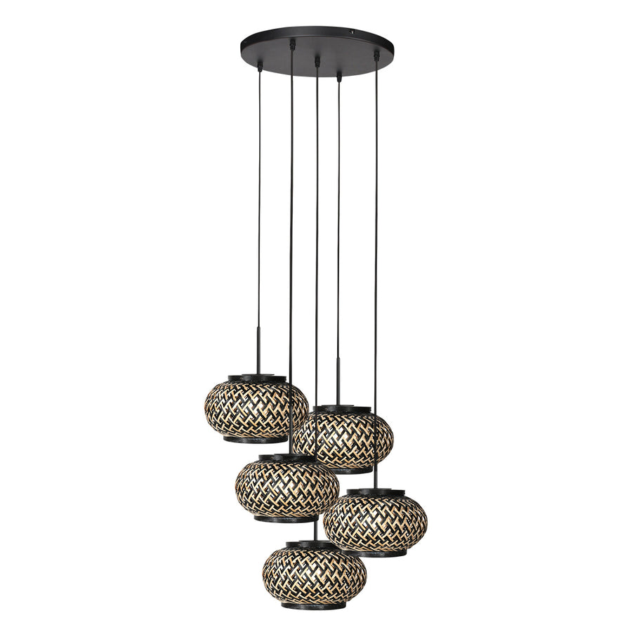 Nox light 4523zw – ronde hanglamp met 5 bamboe kapjes