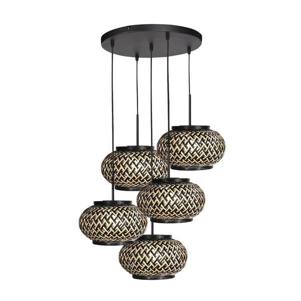 Nox light 4523zw – ronde hanglamp met 5 bamboe kapjes