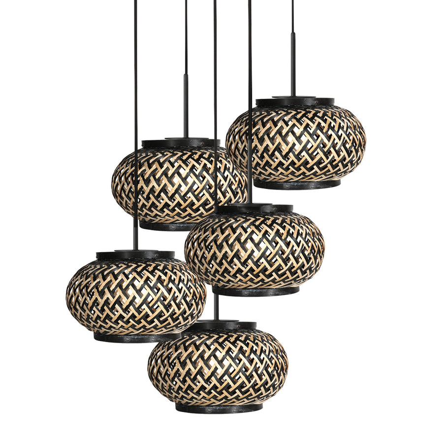 Nox light 4523zw – ronde hanglamp met 5 bamboe kapjes