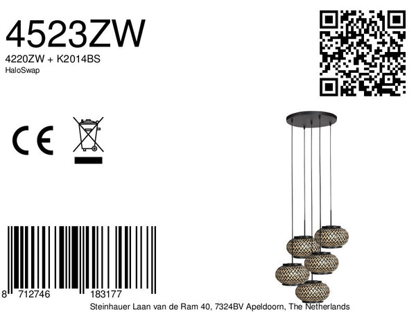 Nox light 4523zw – ronde hanglamp met 5 bamboe kapjes