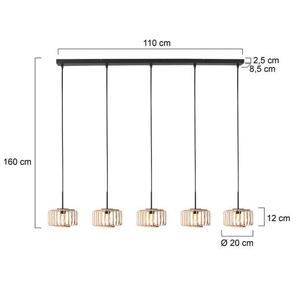 5-lichts hanglamp breeza-beach 4527zw zwart bamboe kap ø20 cm