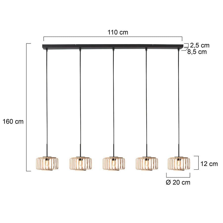 5-lichts hanglamp breeza-beach 4527zw zwart bamboe kap ø20 cm