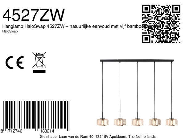 5-lichts hanglamp breeza-beach 4527zw zwart bamboe kap ø20 cm