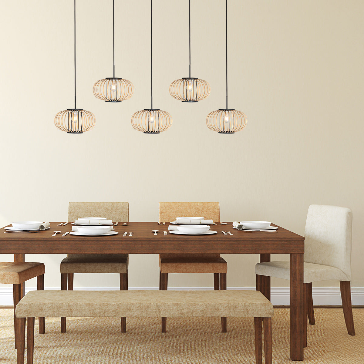 Hanglamp silva 4529zw – 5-lichts bamboelamp voor eettafel