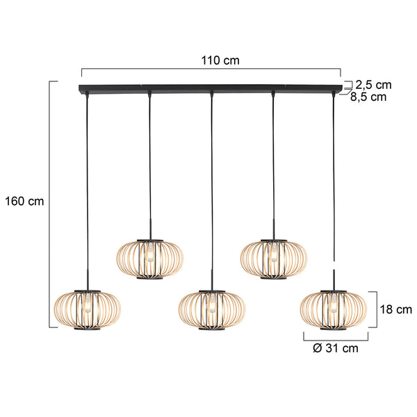 Hanglamp silva 4529zw – 5-lichts bamboelamp voor eettafel