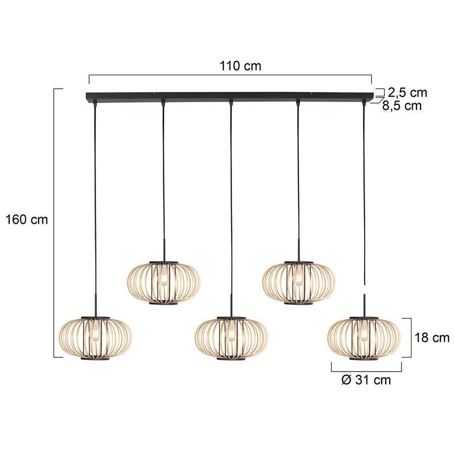 Hanglamp silva 4529zw – 5-lichts bamboelamp voor eettafel