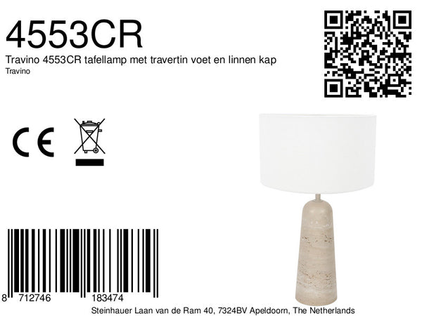 Travino 4553cr tafellamp met travertin voet en linnen kap