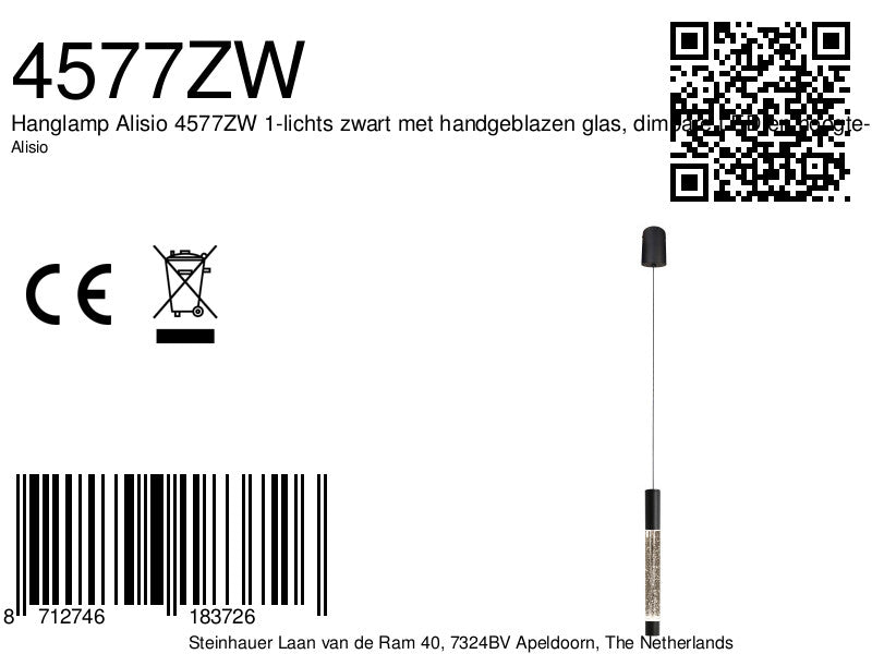 Hanglamp alisio 4577zw 1-lichts luxe glas in zwart