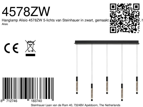 Hanglamp alisio 4578zw 5-lichts luxe glas in zwart