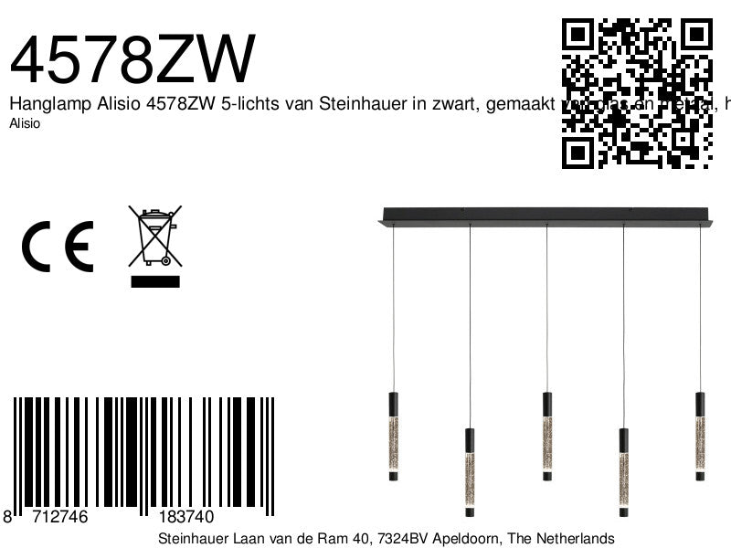 Hanglamp alisio 4578zw 5-lichts luxe glas in zwart