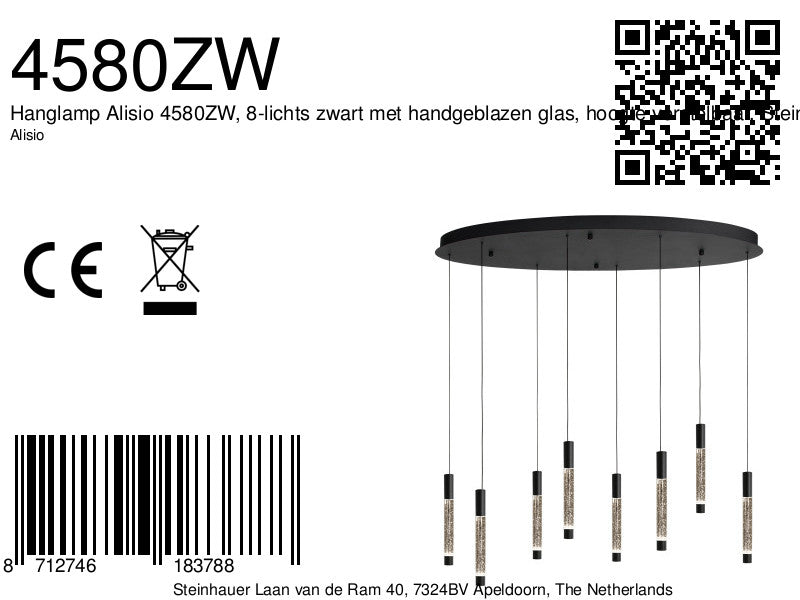 Hanglamp alisio 4580zw 8-lichts luxe glas in zwart