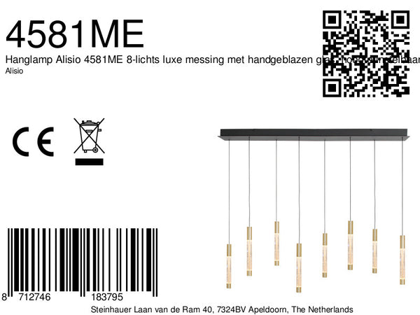 Hanglamp alisio 4581me 8-lichts luxe glas in messing