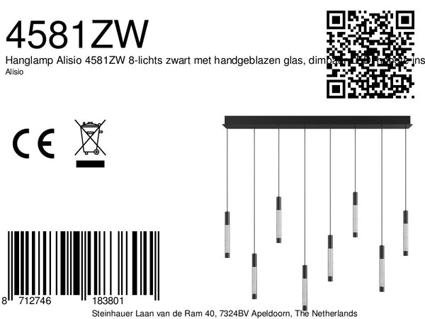 Hanglamp alisio 4581zw 8-lichts luxe glas in zwart