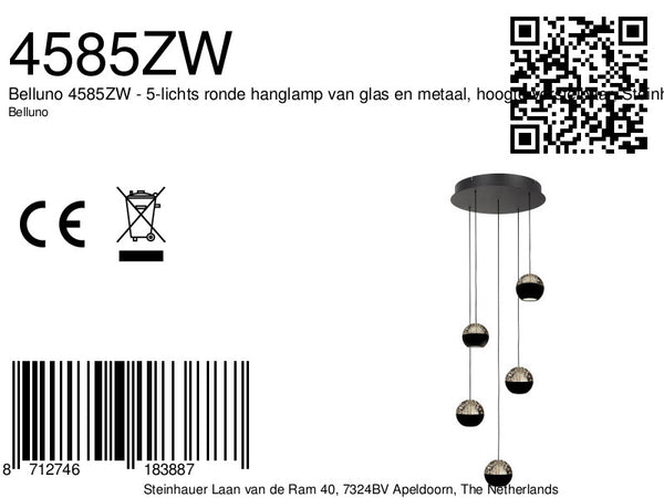 Belluno 4585zw – 5-lichts ronde hanglamp met cable lift