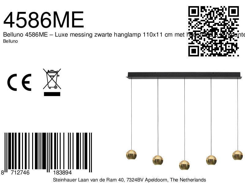 Belluno 4586me – luxe messing zwarte hanglamp met lift systeem