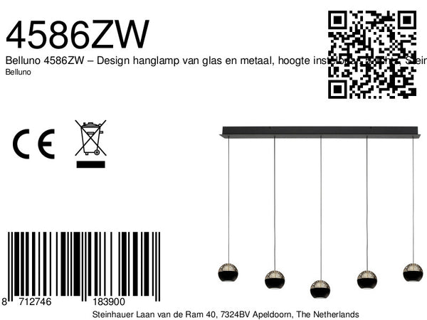 Belluno 4586zw – 5-lichts hanglamp met cable lift